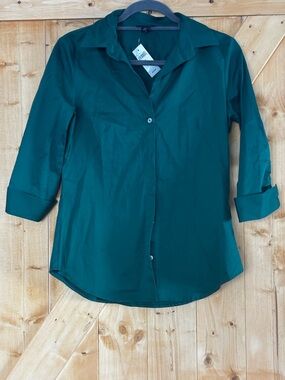 NWT Banana Republic Emerald Green Ruched 3/4 Sleeve Button Down Blouse Small